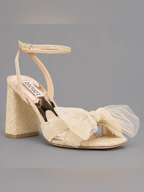 BADGLEY MISCHKA Womens Size 7.5 Tess Block Heel Sandals Tulle Bow Platinum NEW